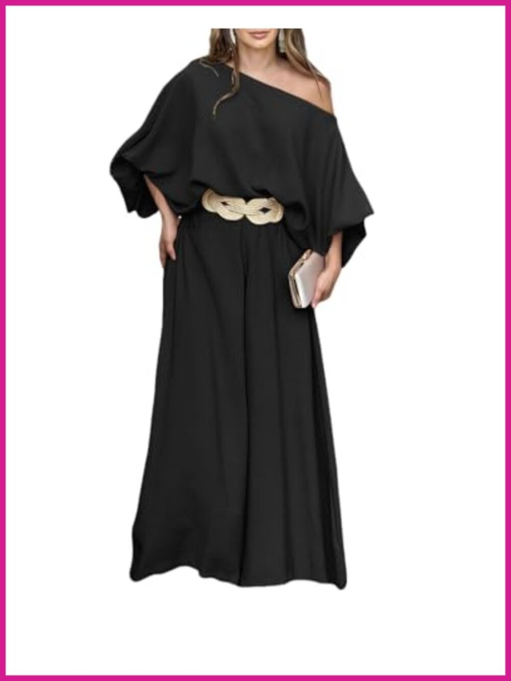 Womens 2 Piece Off Shoulder Lantern Sleeve Top Wide Leg Pants Set Polyester